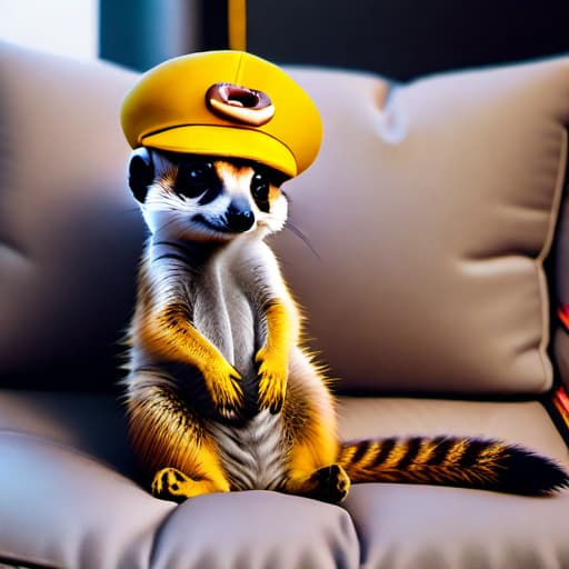  a meerkat with a yellow hat eating a donut sitting on a big sofa hyperrealistic, full body, detailed clothing, highly detailed, cinematic lighting, stunningly beautiful, intricate, sharp focus, f/1. 8, 85mm, (centered image composition), (professionally color graded), ((bright soft diffused light)), volumetric fog, trending on instagram, trending on tumblr, HDR 4K, 8K