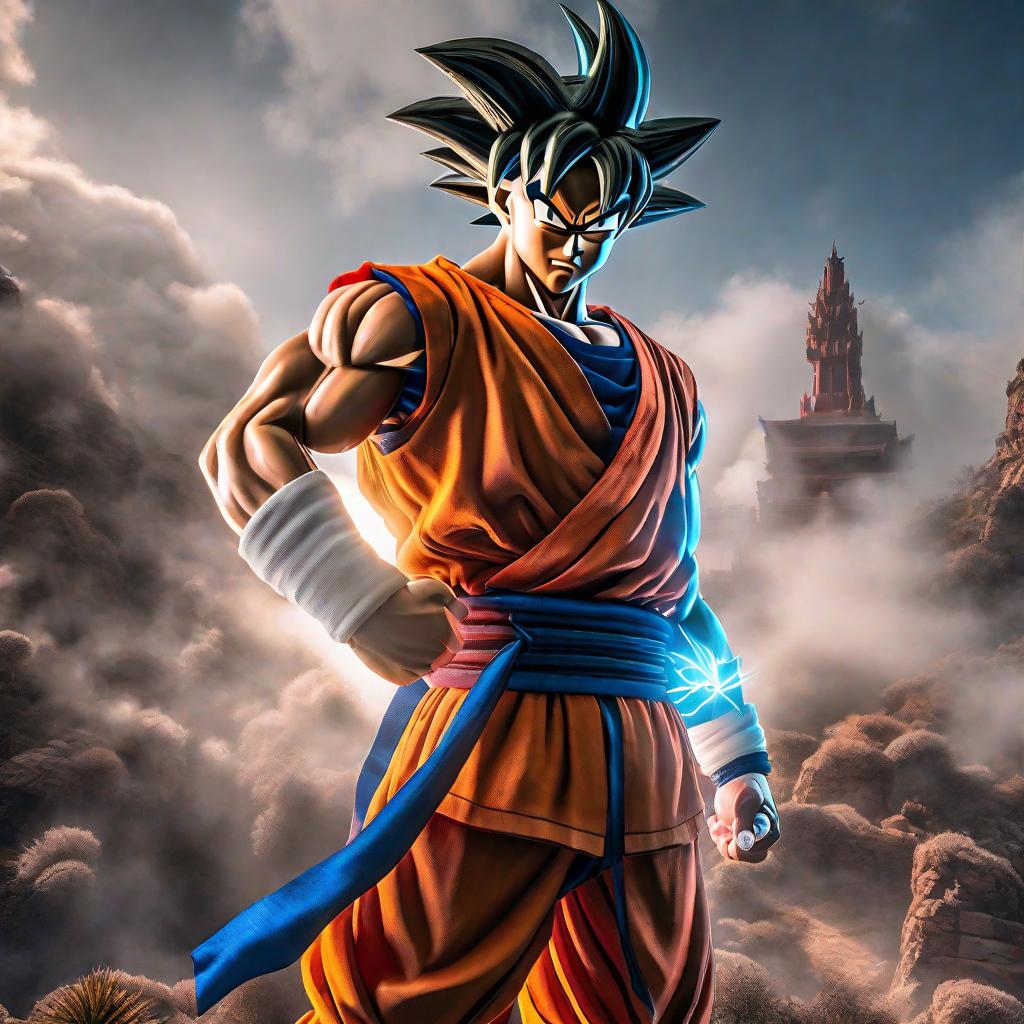  Goku hyperrealistic, full body, detailed clothing, highly detailed, cinematic lighting, stunningly beautiful, intricate, sharp focus, f/1. 8, 85mm, (centered image composition), (professionally color graded), ((bright soft diffused light)), volumetric fog, trending on instagram, trending on tumblr, HDR 4K, 8K