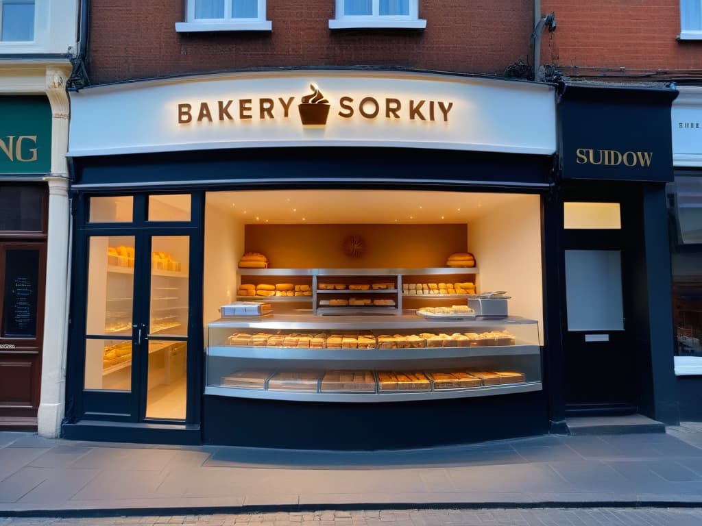  An ultradetailed illustration of a modern, sleek bakery storefront with large windows showcasing elegant pastries displayed on minimalist stands. The scene is set in the early morning with a soft glow from the rising sun, casting long shadows on the clean, uncluttered sidewalk. The bakery sign features a simple, yet stylish logo that exudes sophistication and quality. A few patrons are seen through the windows, their silhouettes enjoying the serene ambiance inside. hyperrealistic, full body, detailed clothing, highly detailed, cinematic lighting, stunningly beautiful, intricate, sharp focus, f/1. 8, 85mm, (centered image composition), (professionally color graded), ((bright soft diffused light)), volumetric fog, trending on instagram, trending on tumblr, HDR 4K, 8K