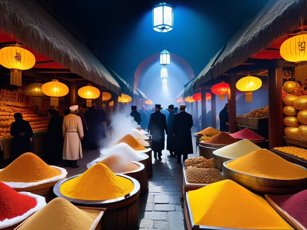  A photorealistic image of a bustling ancient marketplace along the Silk Road, filled with merchants from different cultures exchanging goods like silk, spices, and sugar. The scene is vibrant and colorful, with intricately designed stalls displaying various sweet treats and desserts influenced by the trade route. The background shows camels and traders in traditional attire, emphasizing the rich history and cultural exchange that shaped ancient desserts. hyperrealistic, full body, detailed clothing, highly detailed, cinematic lighting, stunningly beautiful, intricate, sharp focus, f/1. 8, 85mm, (centered image composition), (professionally color graded), ((bright soft diffused light)), volumetric fog, trending on instagram, trending on tumblr, HDR 4K, 8K