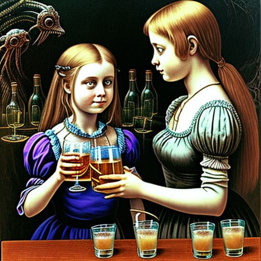  Alice and a girl having a drink at a wild drinking party, stable diffusion, absolute reality v1.6, in the style of hr giger