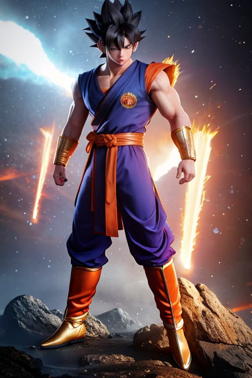  Goku blue super saiyan hyperrealistic, full body, detailed clothing, highly detailed, cinematic lighting, stunningly beautiful, intricate, sharp focus, f/1. 8, 85mm, (centered image composition), (professionally color graded), ((bright soft diffused light)), volumetric fog, trending on instagram, trending on tumblr, HDR 4K, 8K