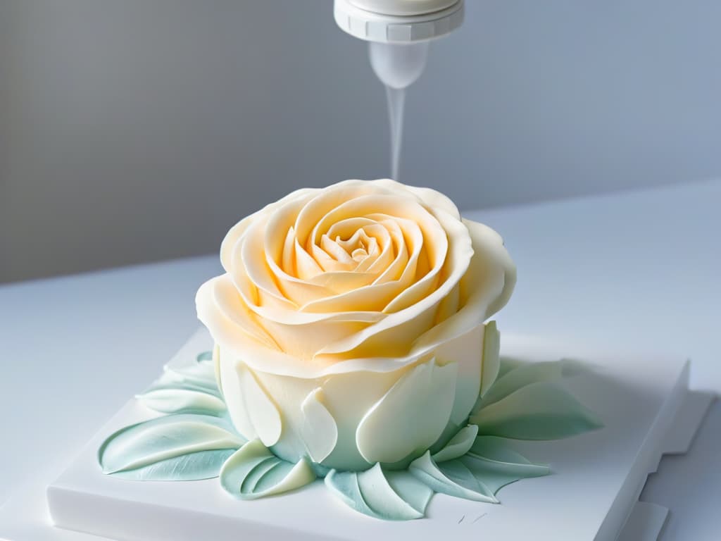  A minimalistic, highly detailed image of a delicate sugar rose being intricately crafted layer by layer using a 3D printer, showcasing the precision and artistry involved in 3D printing desserts. The image features a closeup view of the process, highlighting the intricate details and the futuristic technology merging with traditional culinary artistry. hyperrealistic, full body, detailed clothing, highly detailed, cinematic lighting, stunningly beautiful, intricate, sharp focus, f/1. 8, 85mm, (centered image composition), (professionally color graded), ((bright soft diffused light)), volumetric fog, trending on instagram, trending on tumblr, HDR 4K, 8K