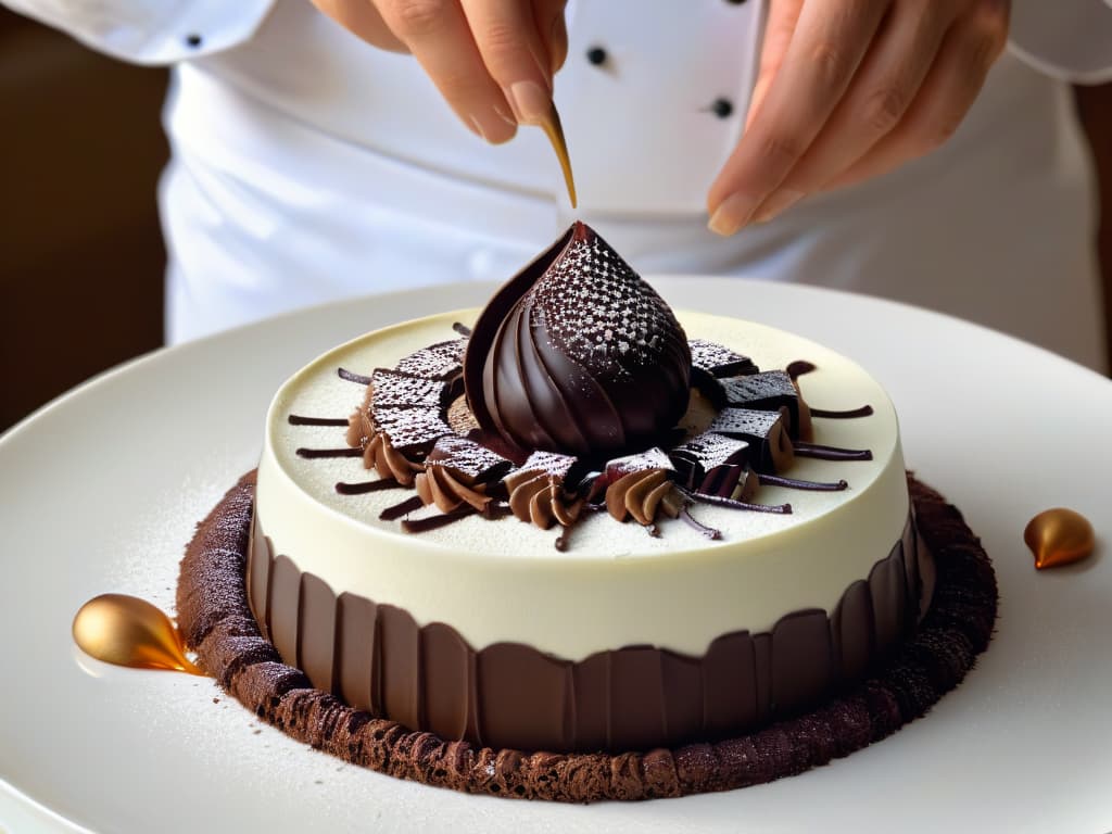  A closeup, ultradetailed image of a chef delicately placing a small, intricate chocolate decoration on top of a perfectly plated dessert. The chef's hands are steady and precise, showcasing the artistry and skill involved in the final touches of dessert presentation. The dessert itself is elegant and modern, with a minimalist design that highlights the craftsmanship and attention to detail. The background is blurred to emphasize the main subject, creating a visually stunning and aspirational image for the article. hyperrealistic, full body, detailed clothing, highly detailed, cinematic lighting, stunningly beautiful, intricate, sharp focus, f/1. 8, 85mm, (centered image composition), (professionally color graded), ((bright soft diffused light)), volumetric fog, trending on instagram, trending on tumblr, HDR 4K, 8K