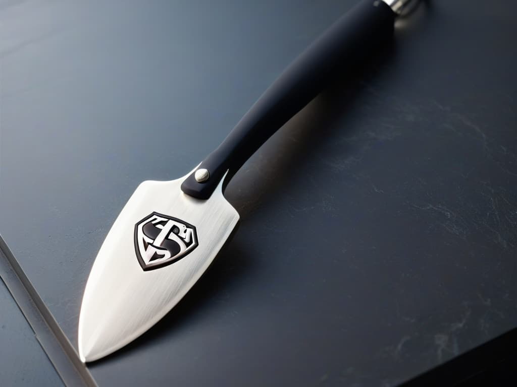  An ultradetailed, minimalistic image of a sleek, silver baking spatula with a subtle, laserengraved emblem of a popular Marvel superhero at the base of the handle. The spatula rests on a matte black granite countertop, beautifully lit to highlight its elegant design and superheroinspired detailing. hyperrealistic, full body, detailed clothing, highly detailed, cinematic lighting, stunningly beautiful, intricate, sharp focus, f/1. 8, 85mm, (centered image composition), (professionally color graded), ((bright soft diffused light)), volumetric fog, trending on instagram, trending on tumblr, HDR 4K, 8K