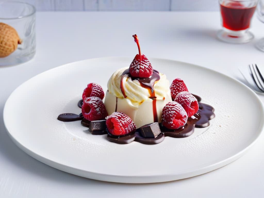  A closeup, ultradetailed image of a scoop of creamy, sugarfree vanilla ice cream topped with fresh raspberries and a drizzle of sugarfree dark chocolate sauce, all beautifully presented on a sleek, white minimalist plate. The vibrant red of the raspberries pops against the creamy white ice cream, creating a visually stunning and appetizing image that perfectly complements the theme of homemade diabeticfriendly ice cream recipes. hyperrealistic, full body, detailed clothing, highly detailed, cinematic lighting, stunningly beautiful, intricate, sharp focus, f/1. 8, 85mm, (centered image composition), (professionally color graded), ((bright soft diffused light)), volumetric fog, trending on instagram, trending on tumblr, HDR 4K, 8K