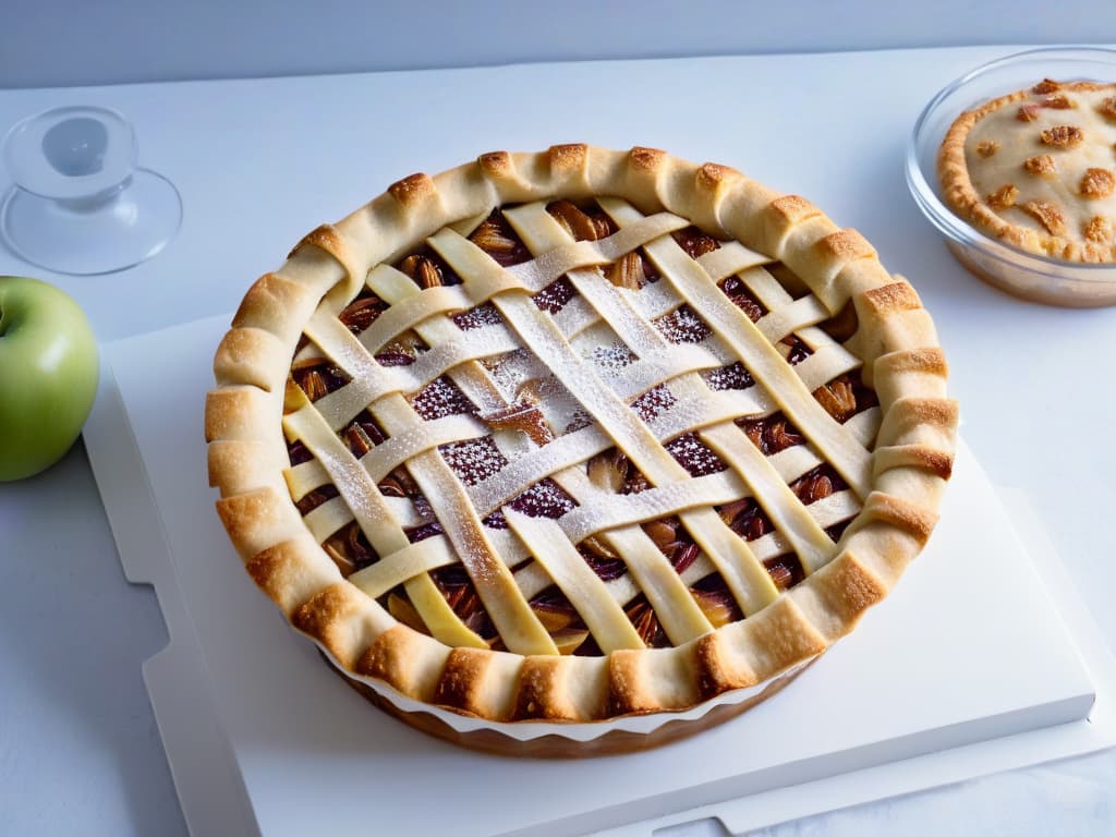  A closeup, ultradetailed image of a goldenbrown lattice crust Apple Pie cooling on a sleek, minimalist marble countertop. The lattice design is intricate, with perfectly browned edges and visible glistening sugar crystals. The background is softly blurred to keep the focus on the pie, showcasing it as a modern twist on a classic dessert, inviting readers to explore the article for the innovative recipe. hyperrealistic, full body, detailed clothing, highly detailed, cinematic lighting, stunningly beautiful, intricate, sharp focus, f/1. 8, 85mm, (centered image composition), (professionally color graded), ((bright soft diffused light)), volumetric fog, trending on instagram, trending on tumblr, HDR 4K, 8K