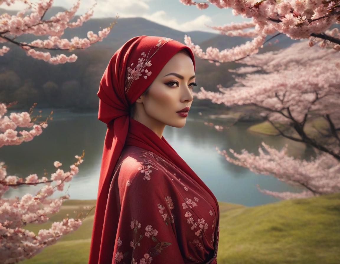  surrealist art A digital art portrait of a woman with a red headscarf, cherry blossoms in her hair, and serene landscape in the background. . dreamlike, mysterious, provocative, symbolic, intricate, detailed hyperrealistic, full body, detailed clothing, highly detailed, cinematic lighting, stunningly beautiful, intricate, sharp focus, f/1. 8, 85mm, (centered image composition), (professionally color graded), ((bright soft diffused light)), volumetric fog, trending on instagram, trending on tumblr, HDR 4K, 8K