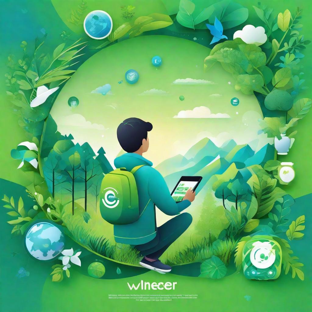  masterpiece, best quality,Background design: fresh green and blue gradient, representing harmony between nature and society. Core image design: a young man organizes an online environmental campaign through the network of Wopi. He uses smart devices to showcase his environmental projects and the screen displays the slogan "cheer for the earth".