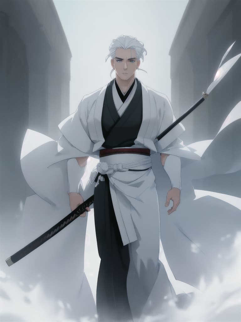  (masterpiece, best quality, anime cartoon man), (caucasian ethnicity, pale skin), young, wide body, blue eyes, slicked back hair, white hair,samurai clothing hyperrealistic, full body, detailed clothing, highly detailed, cinematic lighting, stunningly beautiful, intricate, sharp focus, f/1. 8, 85mm, (centered image composition), (professionally color graded), ((bright soft diffused light)), volumetric fog, trending on instagram, trending on tumblr, HDR 4K, 8K