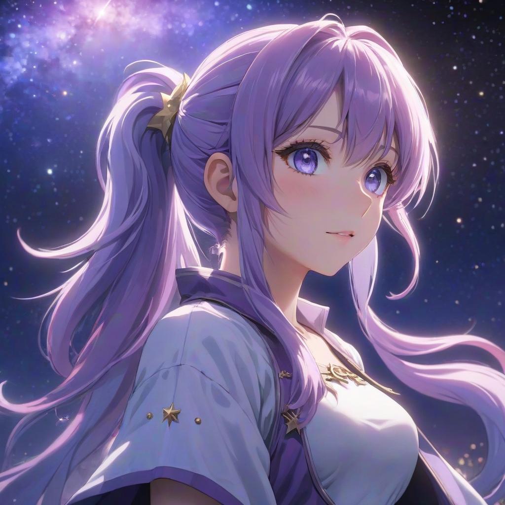  anime artwork A girl with a ponytail decorated with white and violet tips, set against a background of stars and blue eyes. . anime style, key visual, vibrant, studio anime, highly detailed hyperrealistic, full body, detailed clothing, highly detailed, cinematic lighting, stunningly beautiful, intricate, sharp focus, f/1. 8, 85mm, (centered image composition), (professionally color graded), ((bright soft diffused light)), volumetric fog, trending on instagram, trending on tumblr, HDR 4K, 8K