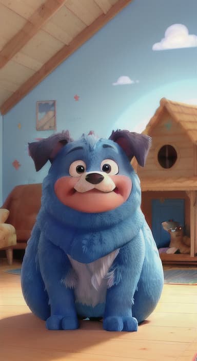  {Max snuggled up in his comfy dog bed inside the house, fast asleep, The big blue dog is large with sky blue fur, big round eyes, a black nose, and floppy ears.