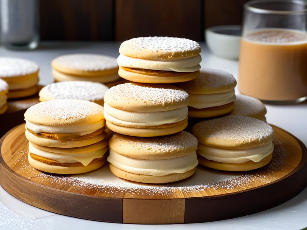  A closeup, highresolution image of a freshly baked batch of homemade alfajores saludables resting on a rustic wooden table. The alfajores are delicately sandwiched together with a generous layer of dulce de leche oozing out slightly, dusted with a sprinkle of powdered sugar on top, showcasing the perfect balance of textures and flavors. The soft, golden biscuit layers are perfectly crumbly, with a hint of coconut flakes peeking through, exuding a warm, inviting aroma that evokes comfort and wholesome indulgence. hyperrealistic, full body, detailed clothing, highly detailed, cinematic lighting, stunningly beautiful, intricate, sharp focus, f/1. 8, 85mm, (centered image composition), (professionally color graded), ((bright soft diffused light)), volumetric fog, trending on instagram, trending on tumblr, HDR 4K, 8K