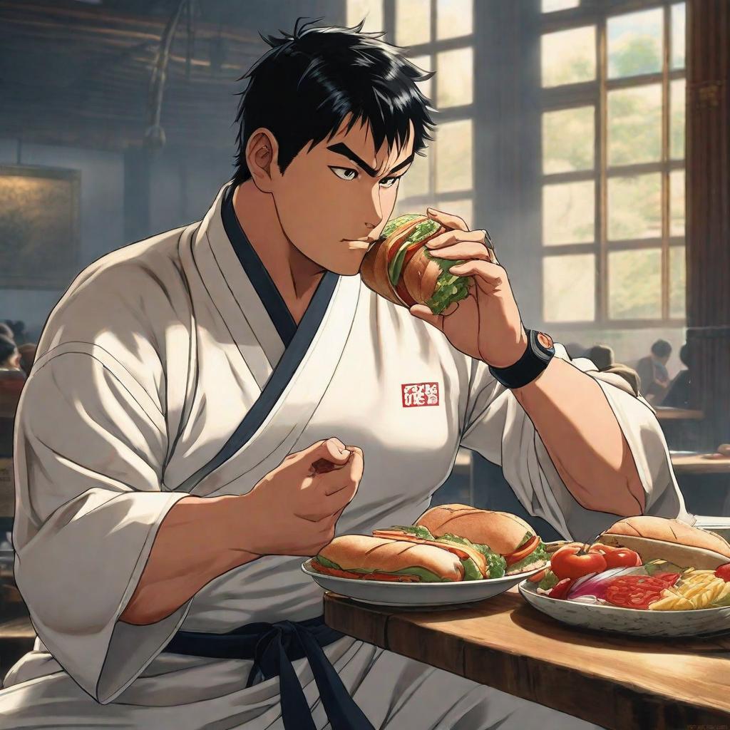  The picture shows a fat young man from behind, with black hair, wearing a karate uniform, eating a sandwich., anime concept art by Hayao Miyazaki, featured on pixiv, fantasy art, concept art, official art, high detailed hyperrealistic, full body, detailed clothing, highly detailed, cinematic lighting, stunningly beautiful, intricate, sharp focus, f/1. 8, 85mm, (centered image composition), (professionally color graded), ((bright soft diffused light)), volumetric fog, trending on instagram, trending on tumblr, HDR 4K, 8K