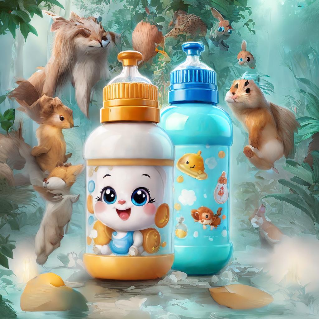  Cute cartoon ilration of a bottle floating in a lush, fantastical forest filled with vint flora and fauna. The bottle is surrounded by woodland creatures, such as bunnies and squirrels, and emits a soft, calming glow. The style is reminiscent of clic Disney animation with detailed textures and a whimsical atmosphere. style Ilration, styles for printing, advanced detail processing., best quality, ultrahigh resolution, highly detailed, (sharp focus), masterpiece, (centered image composition), (professionally color graded), ((bright soft diffused light)), trending on instagram, trending on tumblr, HDR 4K