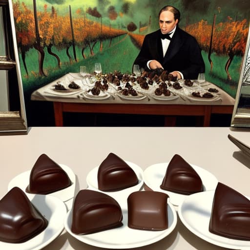  Marlon Brando the godfather, Don Vito in Italy and a vineyard dressed in modern designer attire. Foreground plates of fine dark chocolates on a table. Background vineyard Painting style of Edgar Degas