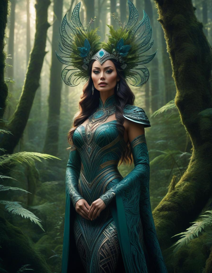  A stunning digital painting of a mysterious forest woman with intricate details, geometric patterns, and surreal elements. The artwork is highly detailed, photorealistic, and beautifully balanced, showcasing a masterful blend of fantasy and realism. hyperrealistic, full body, detailed clothing, highly detailed, cinematic lighting, stunningly beautiful, intricate, sharp focus, f/1. 8, 85mm, (centered image composition), (professionally color graded), ((bright soft diffused light)), volumetric fog, trending on instagram, trending on tumblr, HDR 4K, 8K