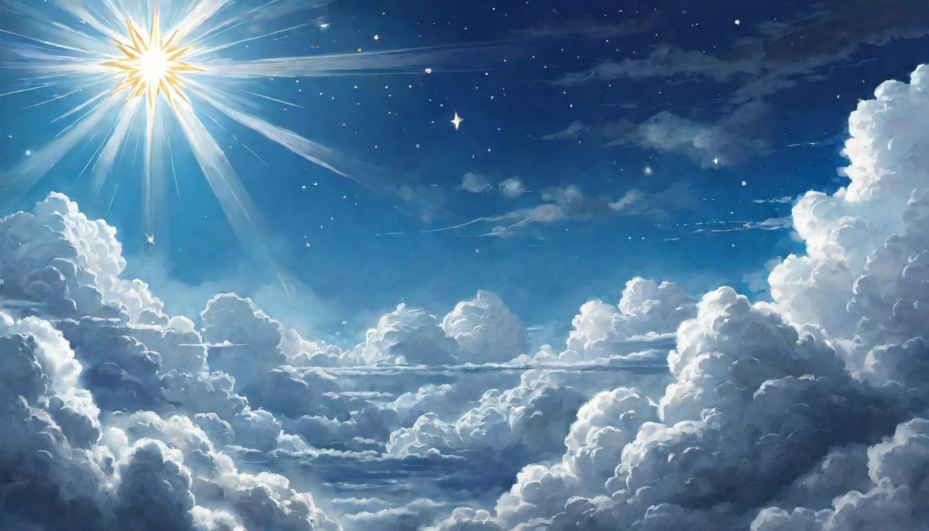  digital illustration, Clouds parting to reveal a clear sky with a singular, radiant star, symbolizing hope amidst uncertainty, Stellar clarity, beacon of hope, clouds dispersing, vision sustained, resilience in reality, celestial guidance, clear amidst clouded, light of perseverance, looking at viewer, dynamic pose, (intricate details, masterpiece, best quality)