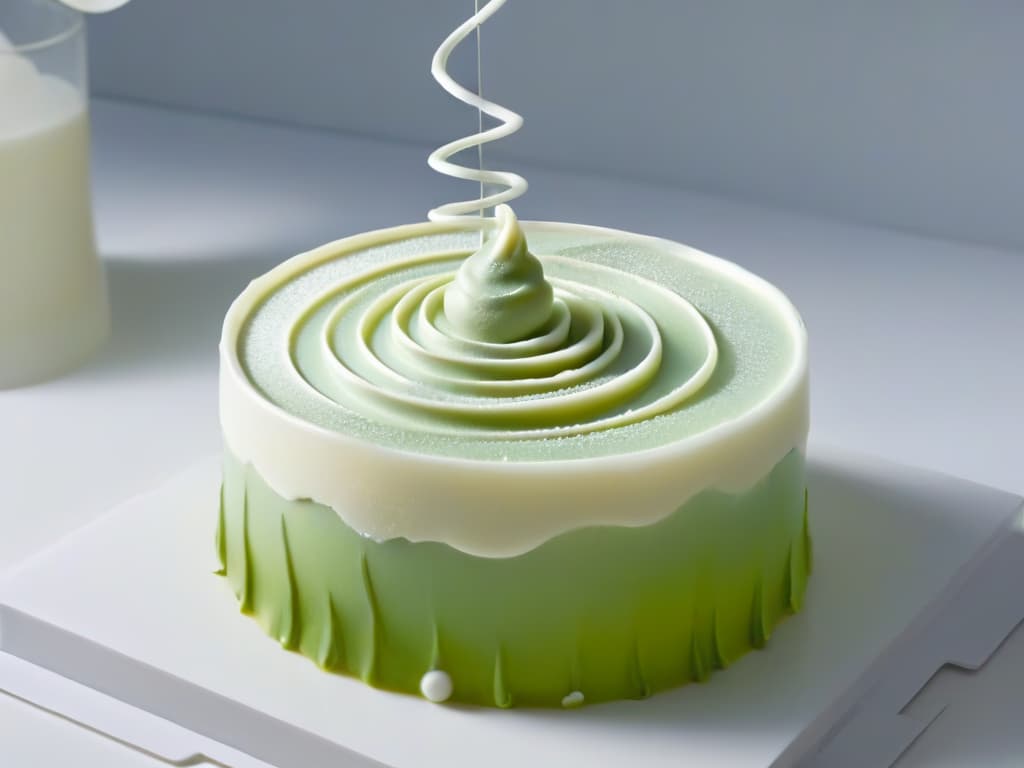  An ultradetailed 8k image of a futuristic, minimalistic 3Dprinted dessert creation. The dessert is a delicate, spiralshaped sugar sculpture, intricately designed with geometric patterns and suspended in midair by transparent, barely visible wires. The background is a sleek, monochromatic kitchen with cuttingedge 3D printers in the backdrop, highlighting the fusion of technology and culinary artistry in the world of 3Dprinted desserts. hyperrealistic, full body, detailed clothing, highly detailed, cinematic lighting, stunningly beautiful, intricate, sharp focus, f/1. 8, 85mm, (centered image composition), (professionally color graded), ((bright soft diffused light)), volumetric fog, trending on instagram, trending on tumblr, HDR 4K, 8K