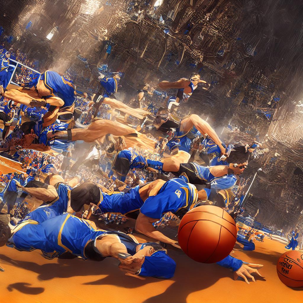  This extraordinary masterpiece depicts a boy holding a basketball in the middle of a basketball court, with another teammate diligently performing push-ups on the ground. The scene is captured in the best quality, ultra-detailed 8k resolution. The boy stands tall, wearing a red basketball jersey and shorts, his arms flexed as he confidently grips the basketball. The court is immaculately painted in vibrant colors, with crisp white lines marking the boundaries. The teammate on the ground is wearing a blue jersey and black shorts, showcasing strength and determination through their push-up exercise. The court is bathed in glorious daylight, casting long shadows across the scene, highlighting every intricate detail. The artwork is created in a hyperrealistic, full body, detailed clothing, highly detailed, cinematic lighting, stunningly beautiful, intricate, sharp focus, f/1. 8, 85mm, (centered image composition), (professionally color graded), ((bright soft diffused light)), volumetric fog, trending on instagram, trending on tumblr, HDR 4K, 8K