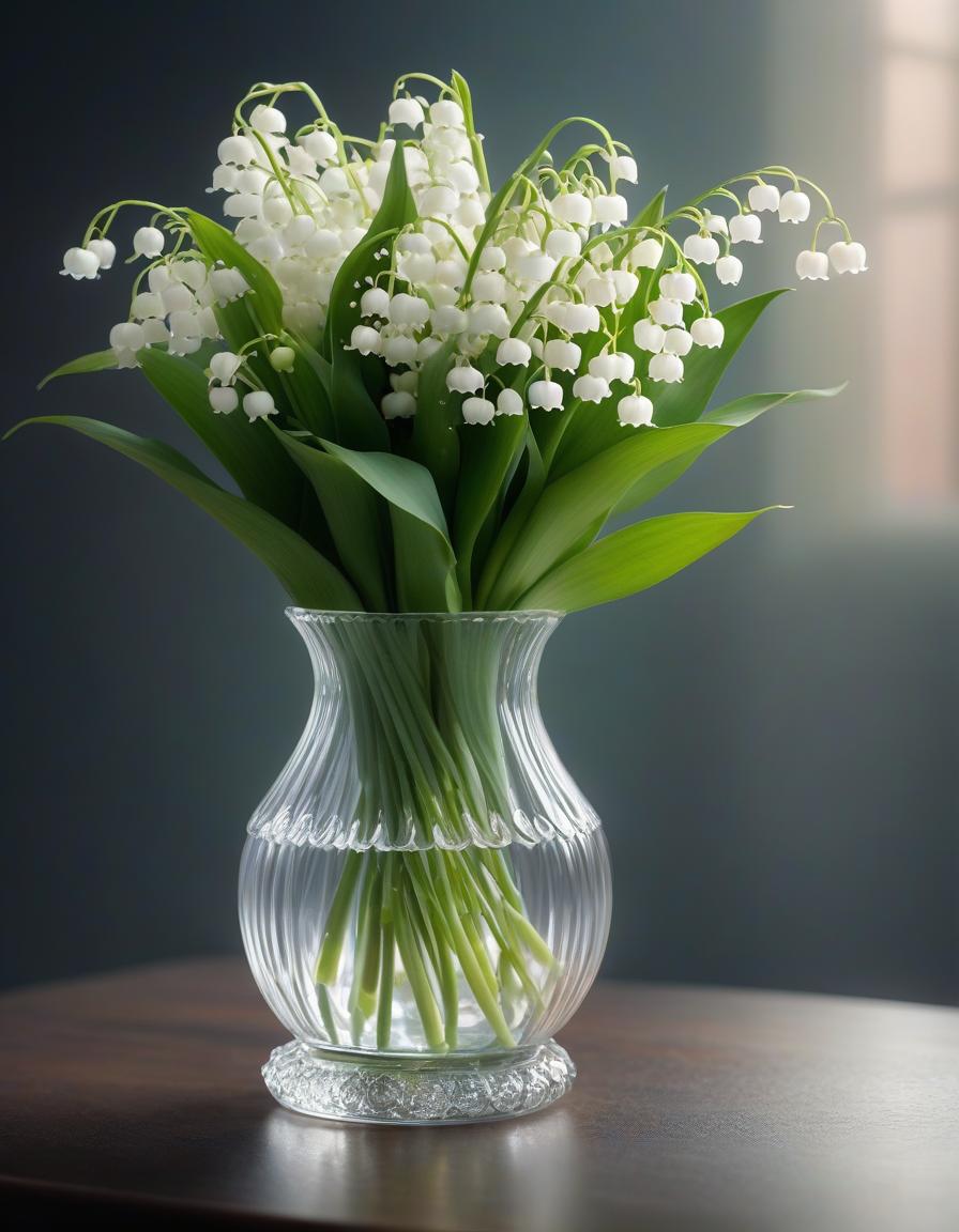  Lilies of the valley in a small crystal vase. hyperrealistic, full body, detailed clothing, highly detailed, cinematic lighting, stunningly beautiful, intricate, sharp focus, f/1. 8, 85mm, (centered image composition), (professionally color graded), ((bright soft diffused light)), volumetric fog, trending on instagram, trending on tumblr, HDR 4K, 8K