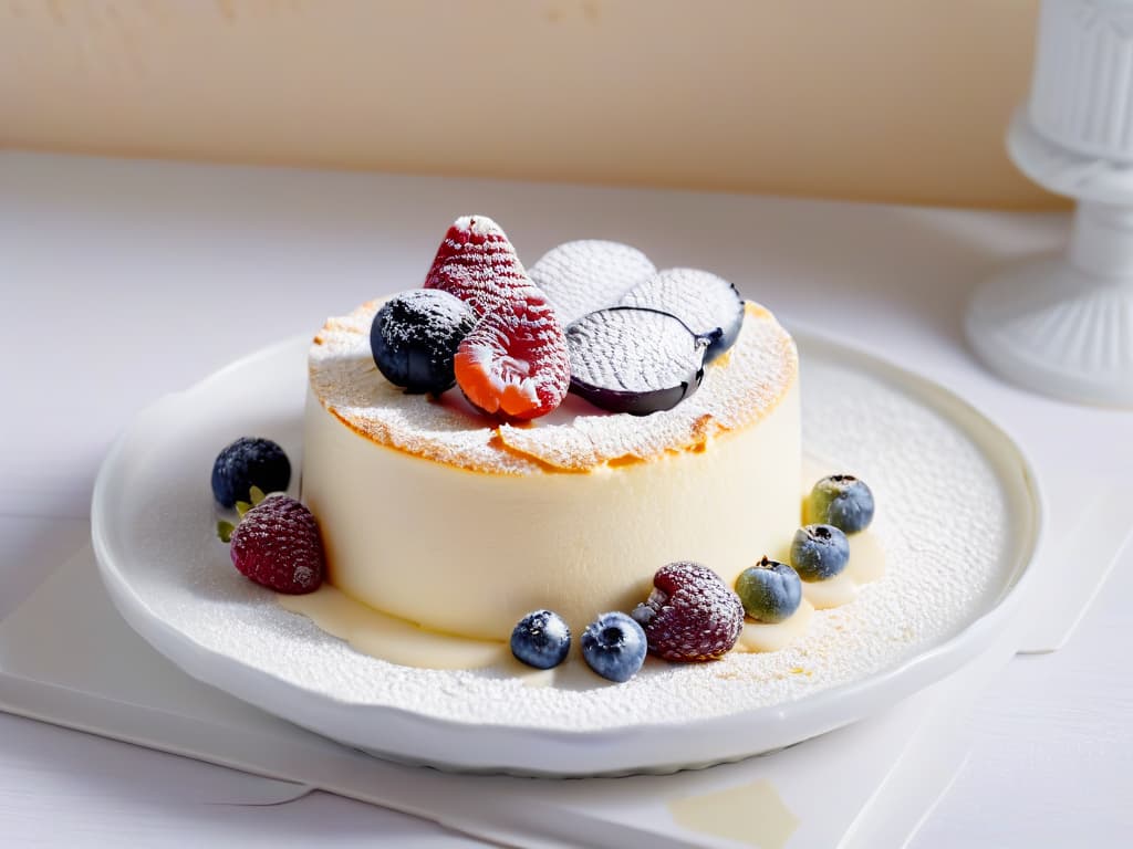  A minimaliststyle image of a beautifully plated slice of cheesecake on a delicate, ornate saucer, garnished with fresh berries and a light dusting of powdered sugar. The background is a soft, blurred gradient of pastel colors, highlighting the elegant simplicity of the dessert. hyperrealistic, full body, detailed clothing, highly detailed, cinematic lighting, stunningly beautiful, intricate, sharp focus, f/1. 8, 85mm, (centered image composition), (professionally color graded), ((bright soft diffused light)), volumetric fog, trending on instagram, trending on tumblr, HDR 4K, 8K