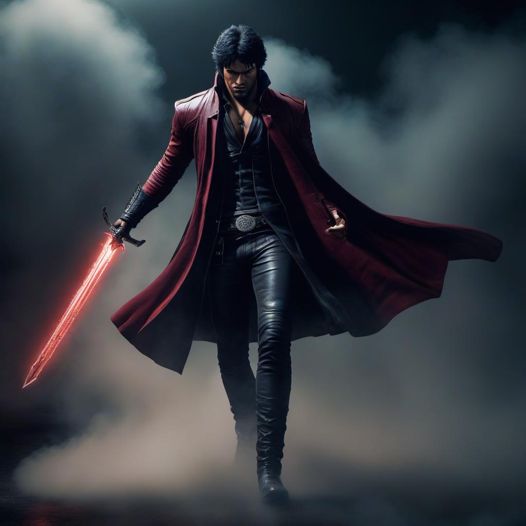  Young Dante, DMC 3. hyperrealistic, full body, detailed clothing, highly detailed, cinematic lighting, stunningly beautiful, intricate, sharp focus, f/1. 8, 85mm, (centered image composition), (professionally color graded), ((bright soft diffused light)), volumetric fog, trending on instagram, trending on tumblr, HDR 4K, 8K