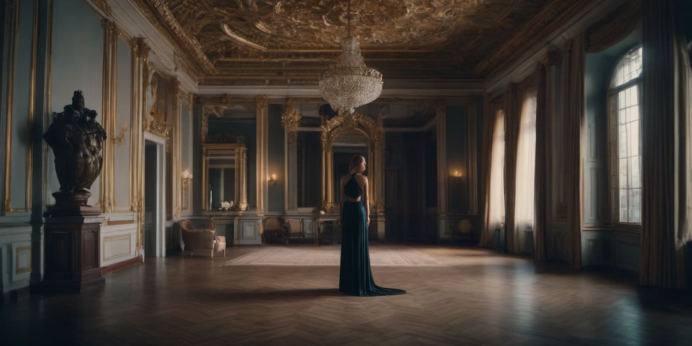  cinematic photo A girl stands alone in a beautiful room. Редактор: Сейчас единственная девушка стоять в комнате прекрасной. . 35mm photograph, film, bokeh, professional, 4k, highly detailed hyperrealistic, full body, detailed clothing, highly detailed, cinematic lighting, stunningly beautiful, intricate, sharp focus, f/1. 8, 85mm, (centered image composition), (professionally color graded), ((bright soft diffused light)), volumetric fog, trending on instagram, trending on tumblr, HDR 4K, 8K