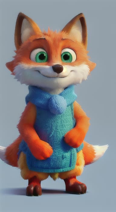  {Error the fox pressing the blue button with his paw, looking puzzled as nothing occurs., Error is a small, bright orange fox with a fluffy tail and big, inquisitive eyes. He has a mischievous yet kind expression and wears a tiny green scarf.