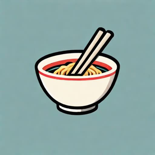  Draw a friendly noodle bowl icon with a pair of chopsticks resting on or near the bowl. The bowl can have steam rising from it to convey a sense of warmth and freshness. The design should be clean and minimalistic, using soft, inviting colors to create a friendly and appetizing appearance. ((for a logo)), minimalistic, vector illustration, (simple), (white background), no background, for a company, strong color contrast