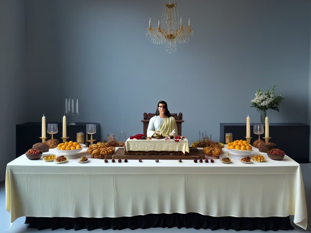  A highresolution, minimalistic image of a beautifully set table with a modern twist, showcasing a delectable array of historically inspired desserts arranged meticulously to resemble Da Vinci's "The Last Supper." Each dessert is artfully crafted to represent a different disciple, with attention to detail in their attire and facial expressions, while the central dessert mirrors the iconic figure of Jesus. The color palette is elegant and muted, with soft lighting that enhances the sophistication of the presentation, making it a visually striking and memorable image. hyperrealistic, full body, detailed clothing, highly detailed, cinematic lighting, stunningly beautiful, intricate, sharp focus, f/1. 8, 85mm, (centered image composition), (professionally color graded), ((bright soft diffused light)), volumetric fog, trending on instagram, trending on tumblr, HDR 4K, 8K