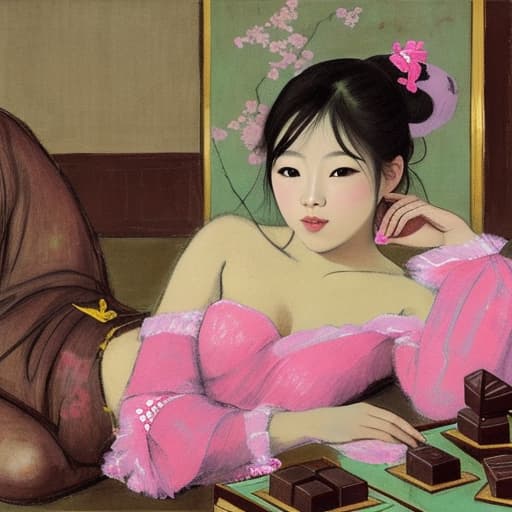  Attractive Beautiful young Asian reclining with moist pink parted lips. Forground is plates of fine dark chocolates. Background is an Asian palace. Painting style of Edgar Degas