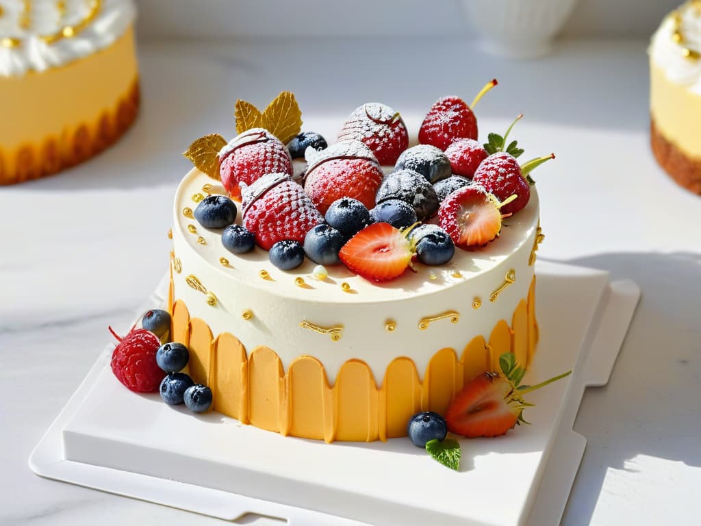  An elegant, minimalistic image of a beautifully decorated cake surrounded by vibrant, fresh berries and delicate edible flowers on a sleek, modern marble countertop. The cake is adorned with intricate piping details and gold leaf accents, exuding a sense of sophistication and artistry. The soft natural light filtering in highlights the textures and colors, creating a visually stunning and appetizing composition perfect for promoting a baking contest on social media. hyperrealistic, full body, detailed clothing, highly detailed, cinematic lighting, stunningly beautiful, intricate, sharp focus, f/1. 8, 85mm, (centered image composition), (professionally color graded), ((bright soft diffused light)), volumetric fog, trending on instagram, trending on tumblr, HDR 4K, 8K