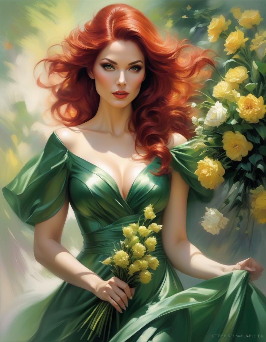  impressionist painting Painting of a woman in a green dress with a bouquet in her hands., stanley artgerm lau, steven artgerm lau, magali villeneuve', graphic artist magali villeneuve, artgerm lau, inspired by Magali Villeneuve, charlie bowater rich deep colors, Stanley Artgerm, red haired goddess, Стиль Stanley Artgermа . loose brushwork, vibrant color, light and shadow play, captures feeling over form hyperrealistic, full body, detailed clothing, highly detailed, cinematic lighting, stunningly beautiful, intricate, sharp focus, f/1. 8, 85mm, (centered image composition), (professionally color graded), ((bright soft diffused light)), volumetric fog, trending on instagram, trending on tumblr, HDR 4K, 8K