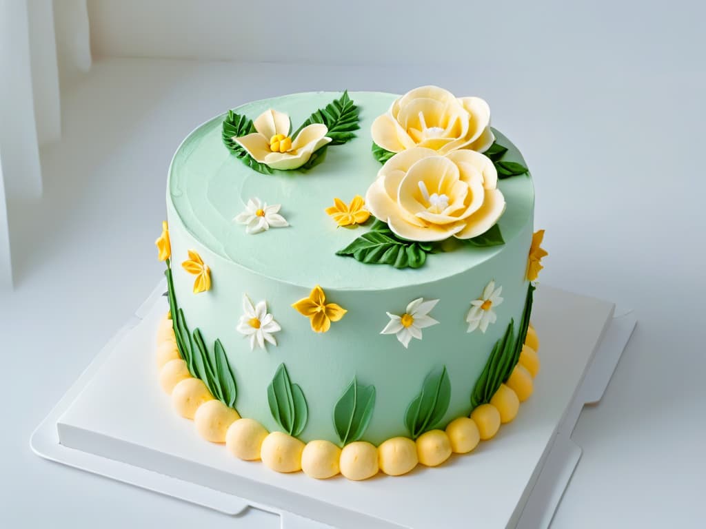  A closeup, ultradetailed image of a perfectly piped and intricately designed floral buttercream cake, showcasing delicate petals and leaves in pastel shades, set against a clean, white background to emphasize the precision and artistry of pastry decoration. hyperrealistic, full body, detailed clothing, highly detailed, cinematic lighting, stunningly beautiful, intricate, sharp focus, f/1. 8, 85mm, (centered image composition), (professionally color graded), ((bright soft diffused light)), volumetric fog, trending on instagram, trending on tumblr, HDR 4K, 8K