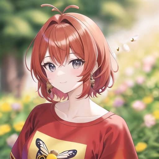  master piece , best quality,Medium hair, bee head, bee clothes, red hair