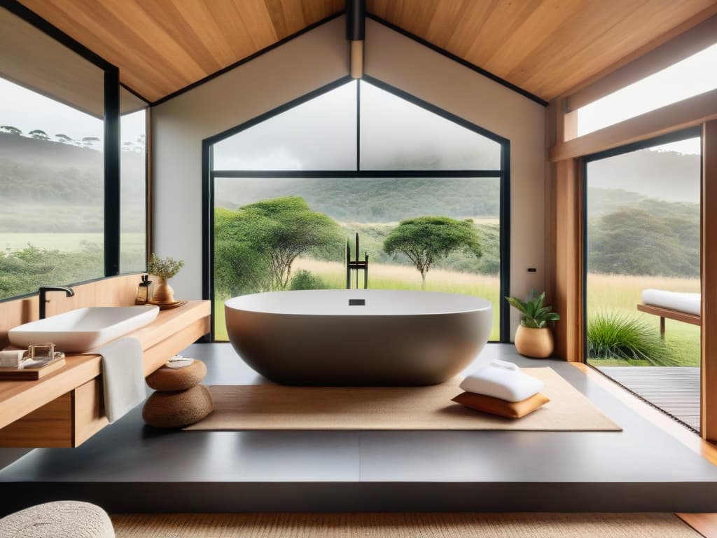  A highresolution image capturing a luxurious glamping bathroom in Uruguay, showcasing a sleek modern design with natural elements like wood and stone, large windows allowing in natural light, a freestanding bathtub with a view of the surrounding nature, a rain shower, plush towels, and upscale bath amenities neatly displayed. The setting exudes tranquility and sophistication, with greenery visible through the windows and soft ambient lighting creating a warm and inviting atmosphere. hyperrealistic, full body, detailed clothing, highly detailed, cinematic lighting, stunningly beautiful, intricate, sharp focus, f/1. 8, 85mm, (centered image composition), (professionally color graded), ((bright soft diffused light)), volumetric fog, trending on instagram, trending on tumblr, HDR 4K, 8K