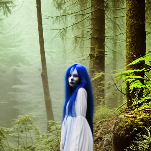  Long blue haired girl in white dress in forest with black crows