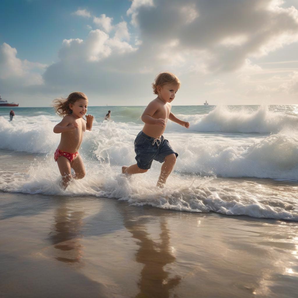  nautical themed Little children are running in the water and playing at the seashore. In the background, other children are playing and running, waves wash up toys. . sea, ocean, ships, maritime, beach, marine life, highly detailed hyperrealistic, full body, detailed clothing, highly detailed, cinematic lighting, stunningly beautiful, intricate, sharp focus, f/1. 8, 85mm, (centered image composition), (professionally color graded), ((bright soft diffused light)), volumetric fog, trending on instagram, trending on tumblr, HDR 4K, 8K