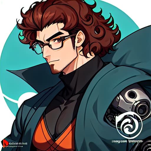  Logo brand named "Dee" for game and anime streamer, curly brown hair persian man with Glasses, ninja cyborg male