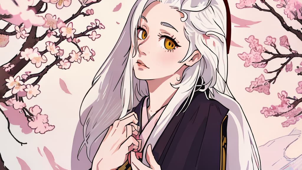  masterpiece, best quality, 1girl, yellow eyes, long hair, white hair, tree, stairs, standing, kimono, sky, cherry blossoms, temple, looking at viewer, upper body, from below, looking back,