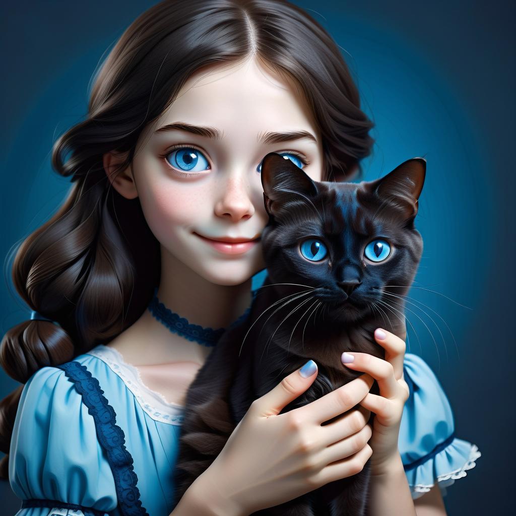  The girl is 26 years old + short stature, braces, pretty eyes, blue, without piercings + has a black cat named Ragdoll + Night