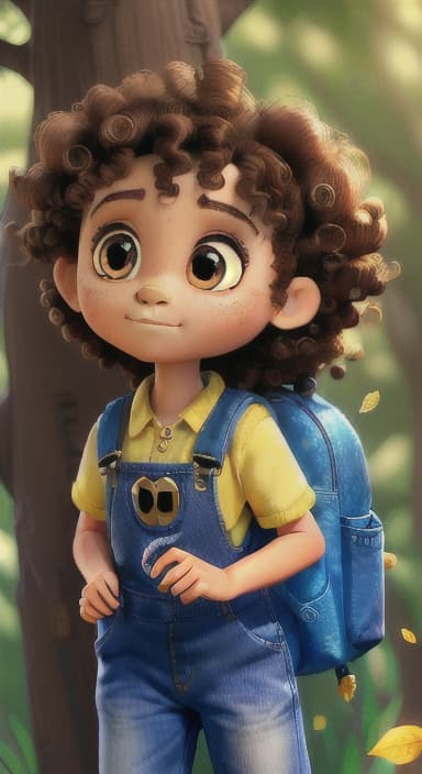  {The tree with a twinkling eye, while its leaves gently rustle., Riley, a curious with big brown eyes and curly hair, wearing overalls and carrying a small backpack. Their friend, Skye, a bluebird with shiny feathers.