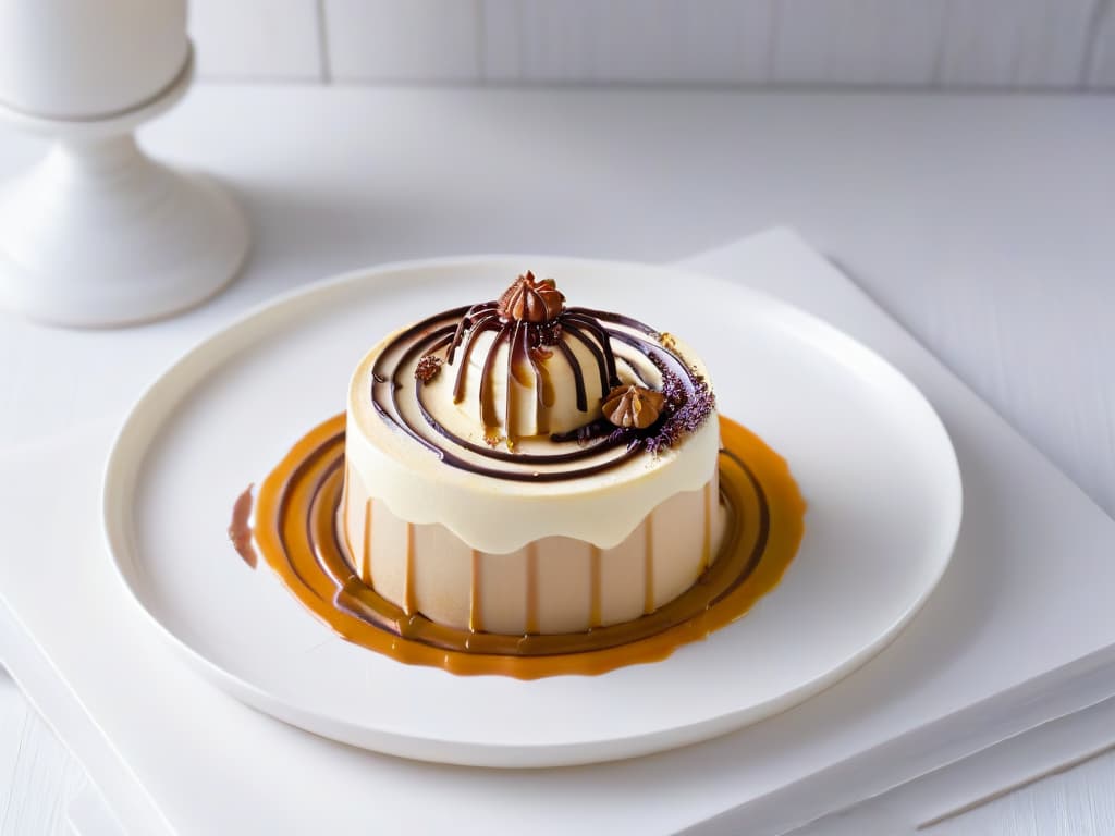  A highresolution, minimalist image of a beautifully plated Mont Blanc dessert with delicate swirls of chestnut cream, topped with a single perfect marron glacé, resting on a white porcelain plate set against a soft, blurred background of a cozy kitchen setting with warm natural light filtering in. The focus is on the elegant simplicity of the dessert, highlighting its smooth texture and inviting presentation, creating a sense of culinary sophistication and artisanal craftsmanship. hyperrealistic, full body, detailed clothing, highly detailed, cinematic lighting, stunningly beautiful, intricate, sharp focus, f/1. 8, 85mm, (centered image composition), (professionally color graded), ((bright soft diffused light)), volumetric fog, trending on instagram, trending on tumblr, HDR 4K, 8K