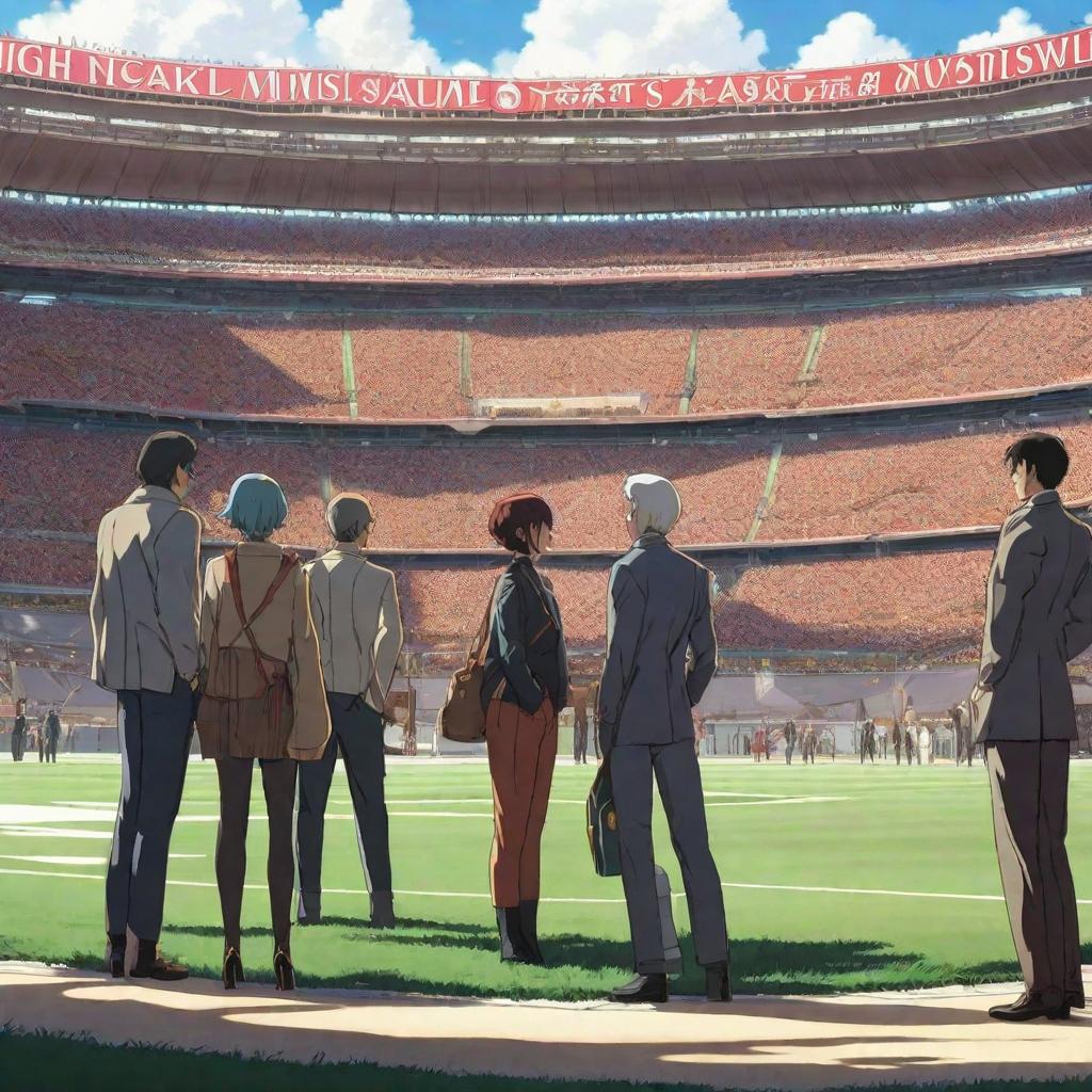  A group of people next to a stadium., anime concept art by Hayao Miyazaki, featured on pixiv, fantasy art, concept art, official art, high detailed hyperrealistic, full body, detailed clothing, highly detailed, cinematic lighting, stunningly beautiful, intricate, sharp focus, f/1. 8, 85mm, (centered image composition), (professionally color graded), ((bright soft diffused light)), volumetric fog, trending on instagram, trending on tumblr, HDR 4K, 8K