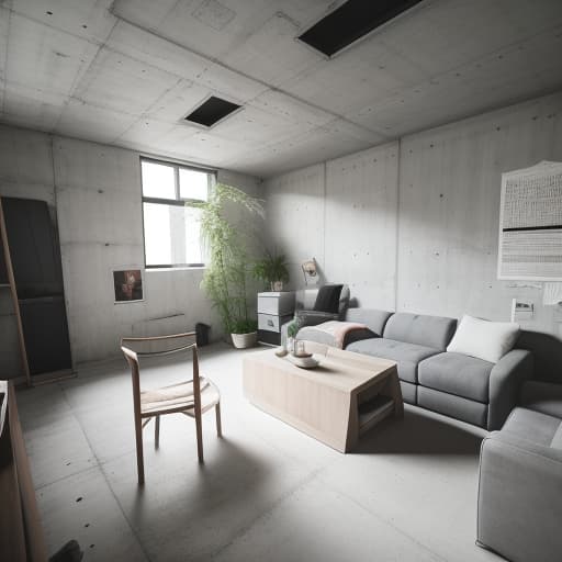  RAW photo, living room, in minimalist style, concrete,