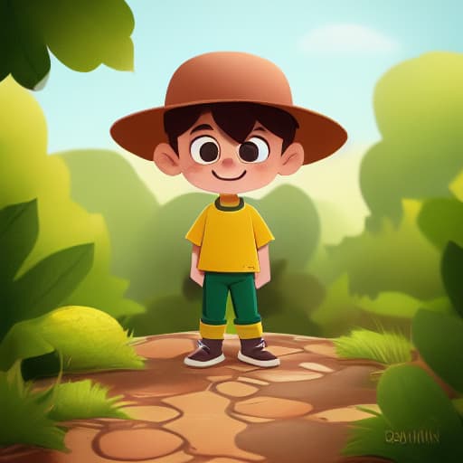  (a boy with yellow hat and brown shirt and green pants)