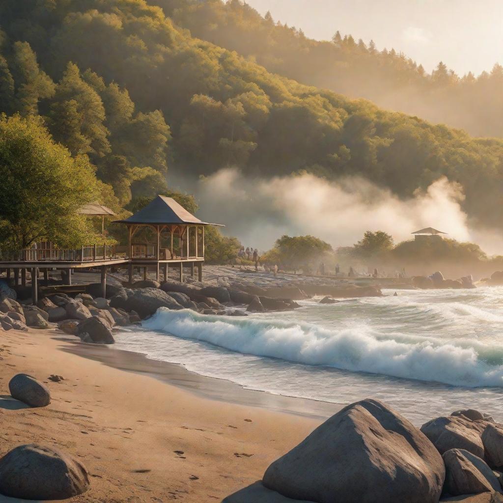  Noon, a beautiful manicured beach with small shells located in the forest, a short wide wooden pier, a bonfire and a wide tent on the shore, dolphins swimming in the distance, a beautiful landscape hyperrealistic, full body, detailed clothing, highly detailed, cinematic lighting, stunningly beautiful, intricate, sharp focus, f/1. 8, 85mm, (centered image composition), (professionally color graded), ((bright soft diffused light)), volumetric fog, trending on instagram, trending on tumblr, HDR 4K, 8K