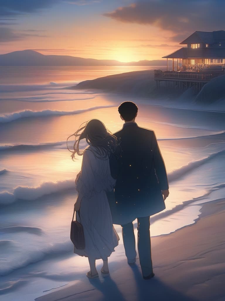  The background is the sea, the sky, the night sky, the sunset, a little visible, on the sandy beach, the men and women are looking at the sea, the woman is about to leave the place, the man is standing., masterpiece, best quality,8k,ultra detailed,high resolution,an extremely delicate and beautiful,hyper detail