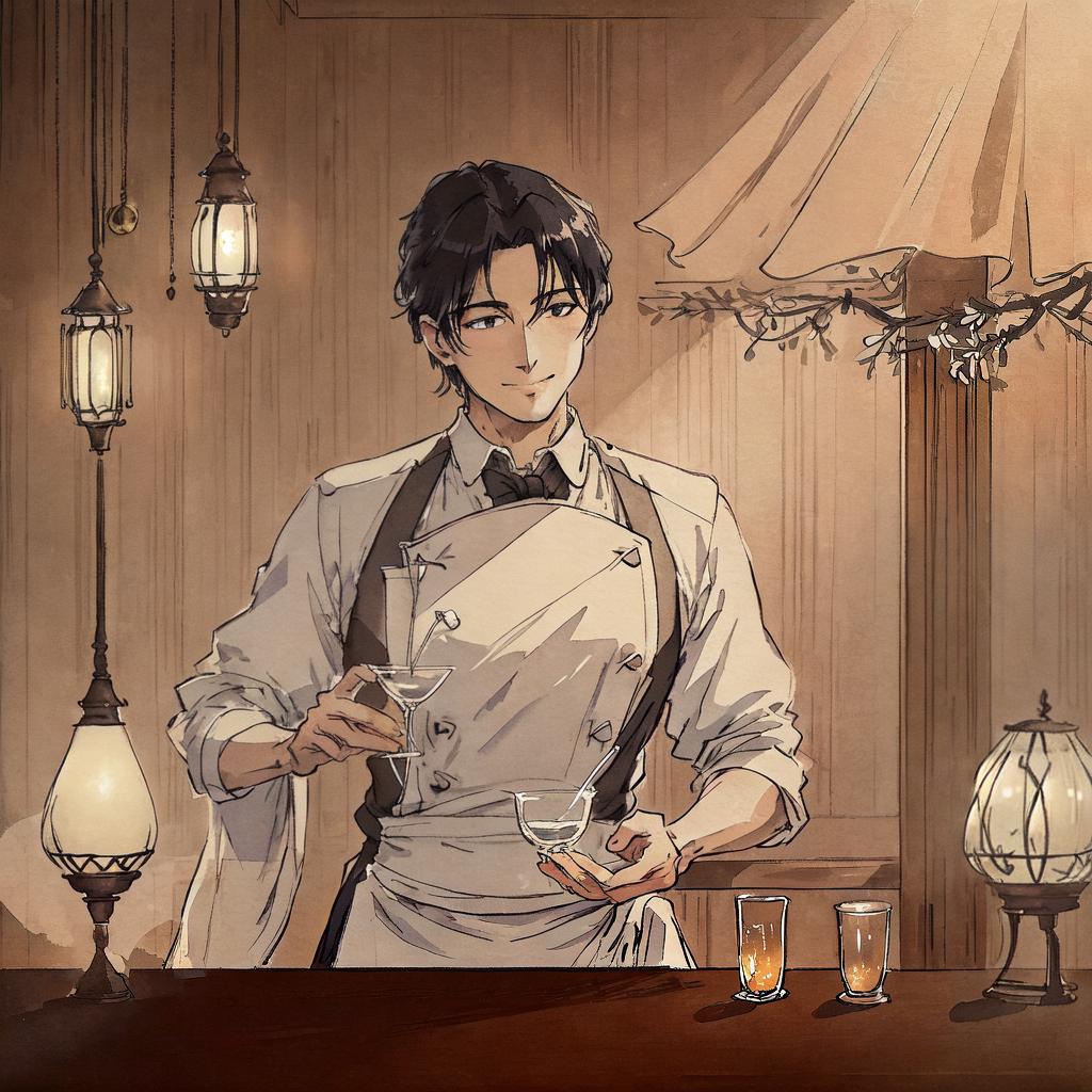  ((masterpiece)), (((best quality))), 8k, high detailed, ultra-detailed. The scene captures a young waiter sitting on a high stool in a dimly lit back bar. He is polishing a glass with a subtle smile while watching an elder salesman with a glass laughing. The waiter appears slightly intoxicated. hyperrealistic, full body, detailed clothing, highly detailed, cinematic lighting, stunningly beautiful, intricate, sharp focus, f/1. 8, 85mm, (centered image composition), (professionally color graded), ((bright soft diffused light)), volumetric fog, trending on instagram, trending on tumblr, HDR 4K, 8K